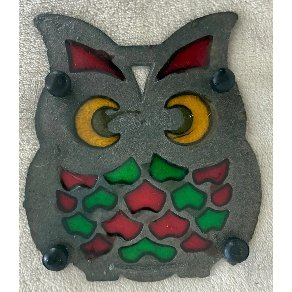 Vintage Owl Trivet Cast Metal Stained Glass Hot Plate Kitchen Pot Rest Taiwan